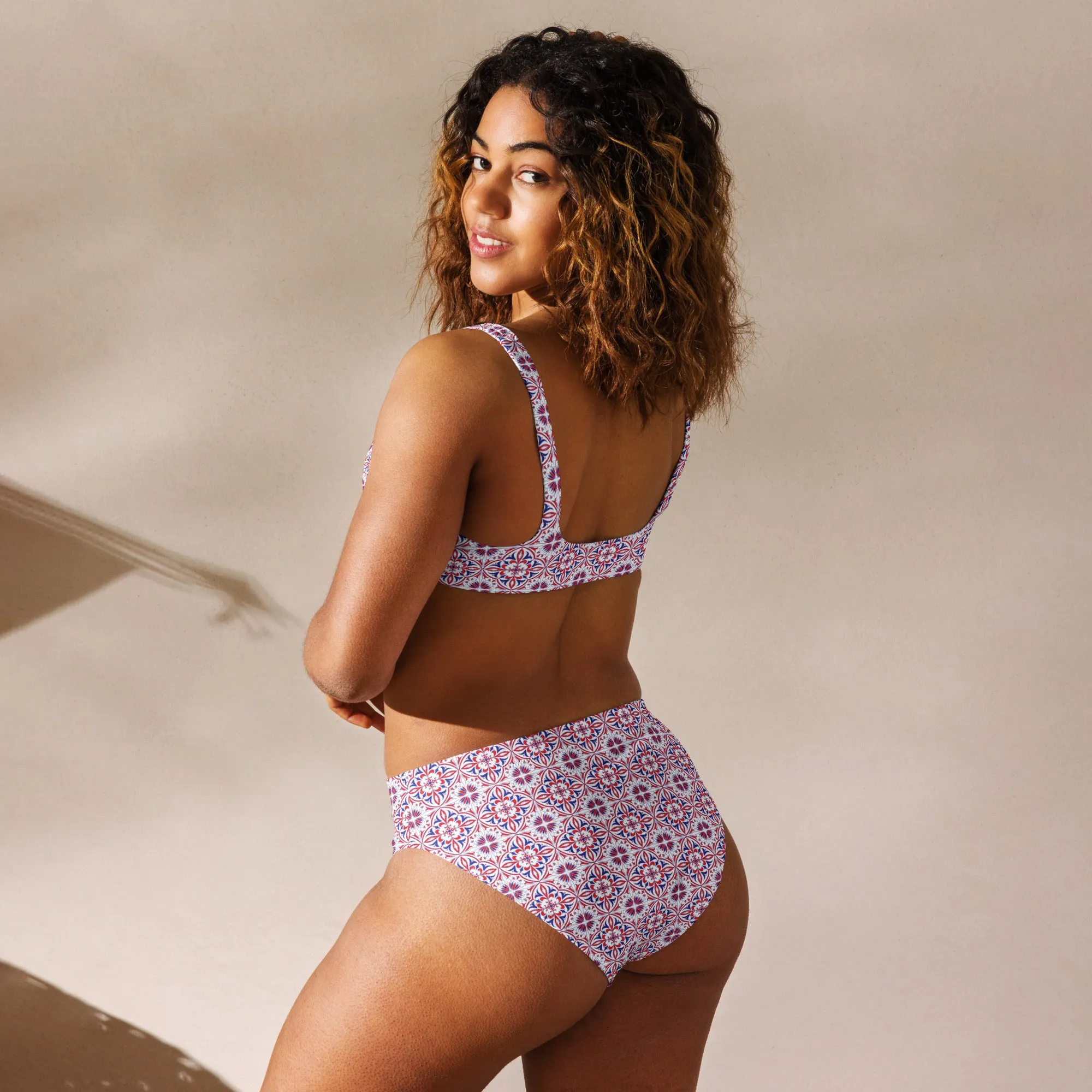 Red White & Blue Pattern Recycled high-waisted bikini