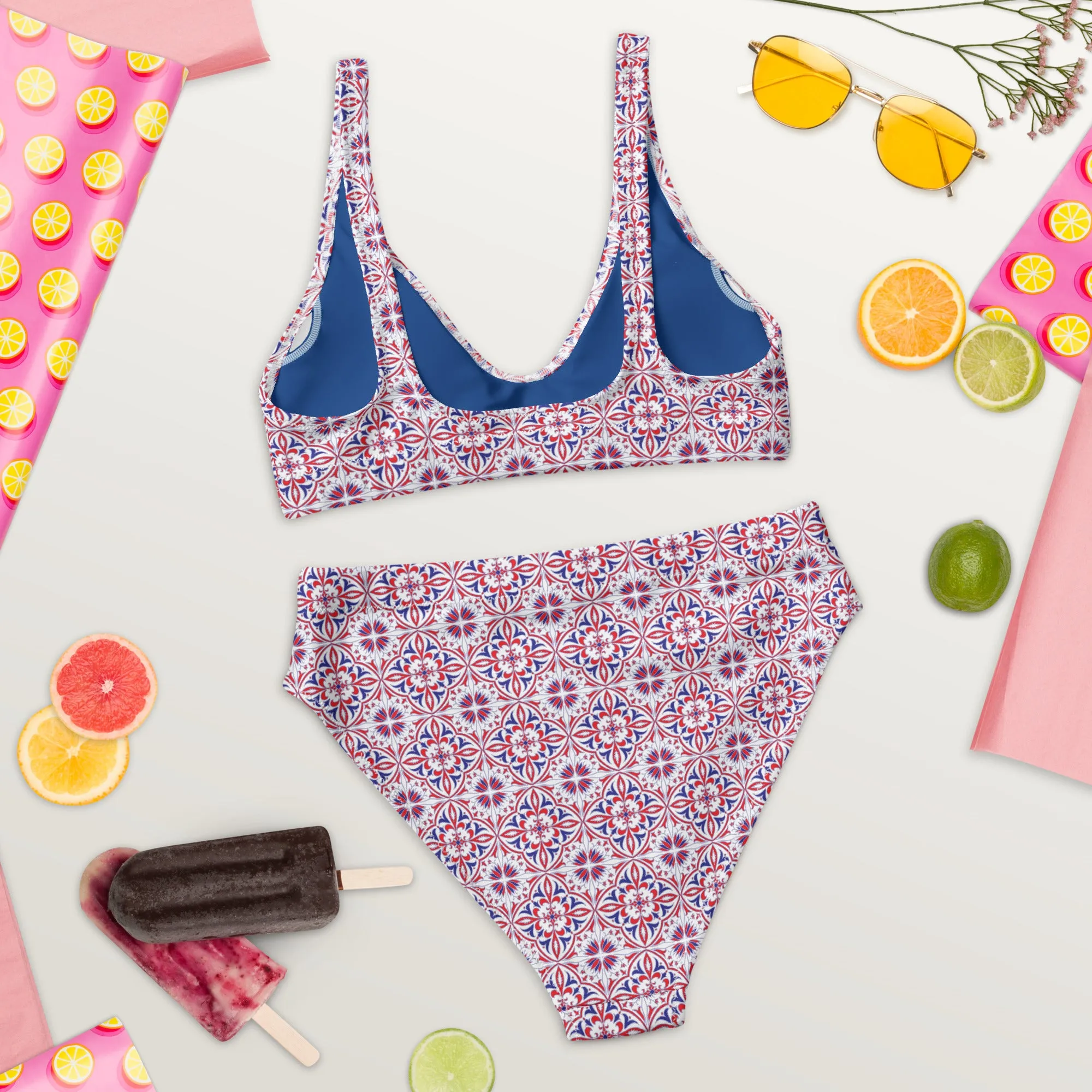 Red White & Blue Pattern Recycled high-waisted bikini