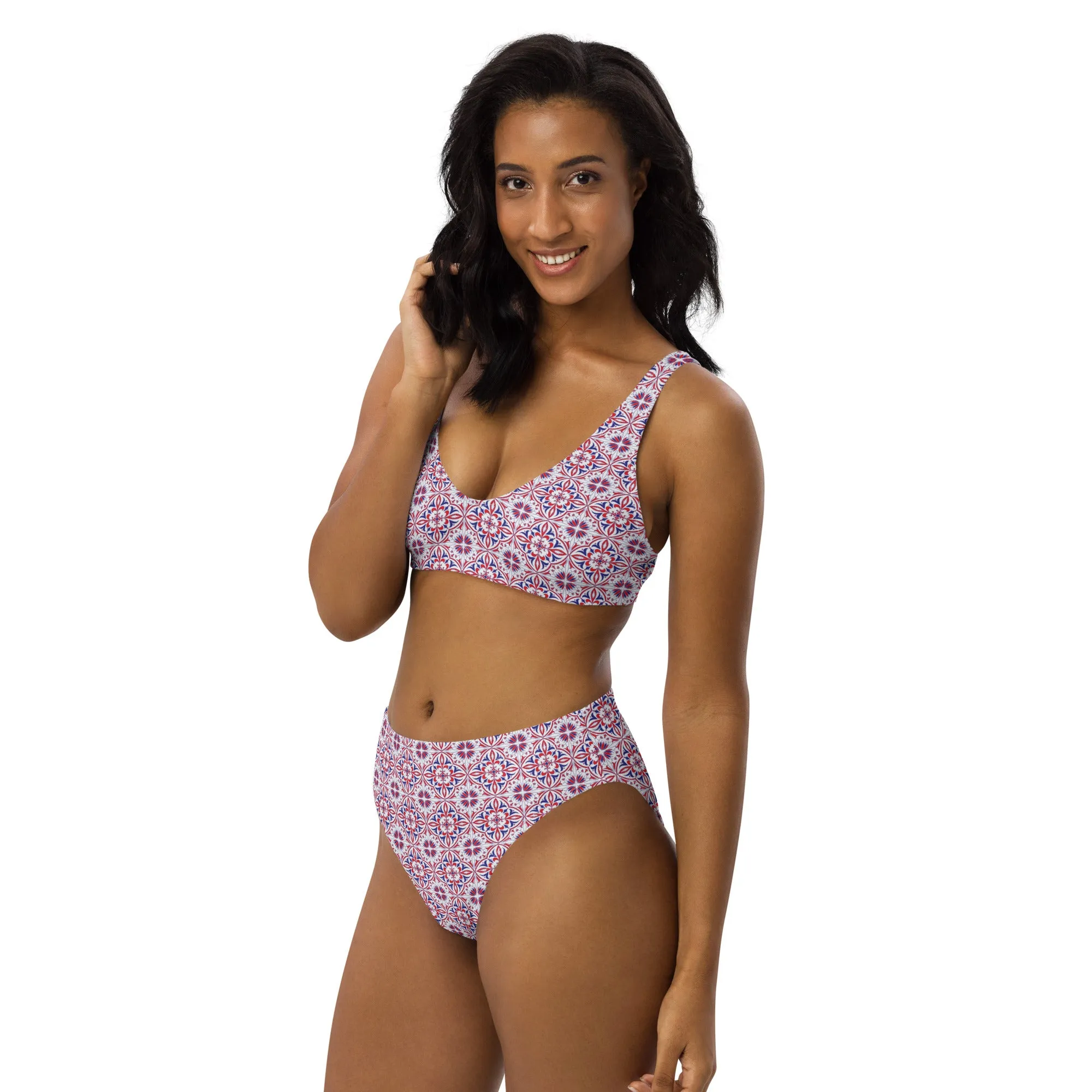 Red White & Blue Pattern Recycled high-waisted bikini
