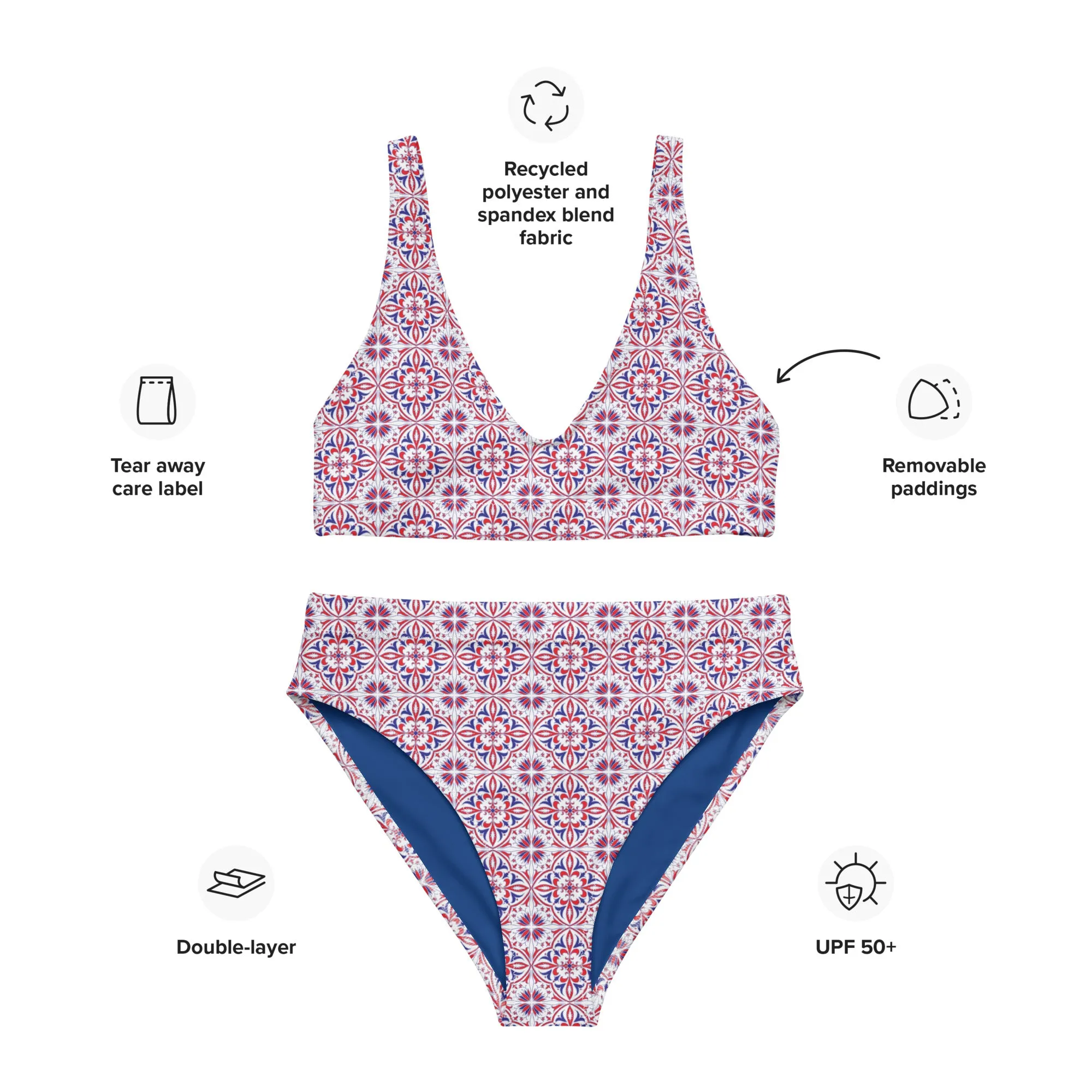 Red White & Blue Pattern Recycled high-waisted bikini