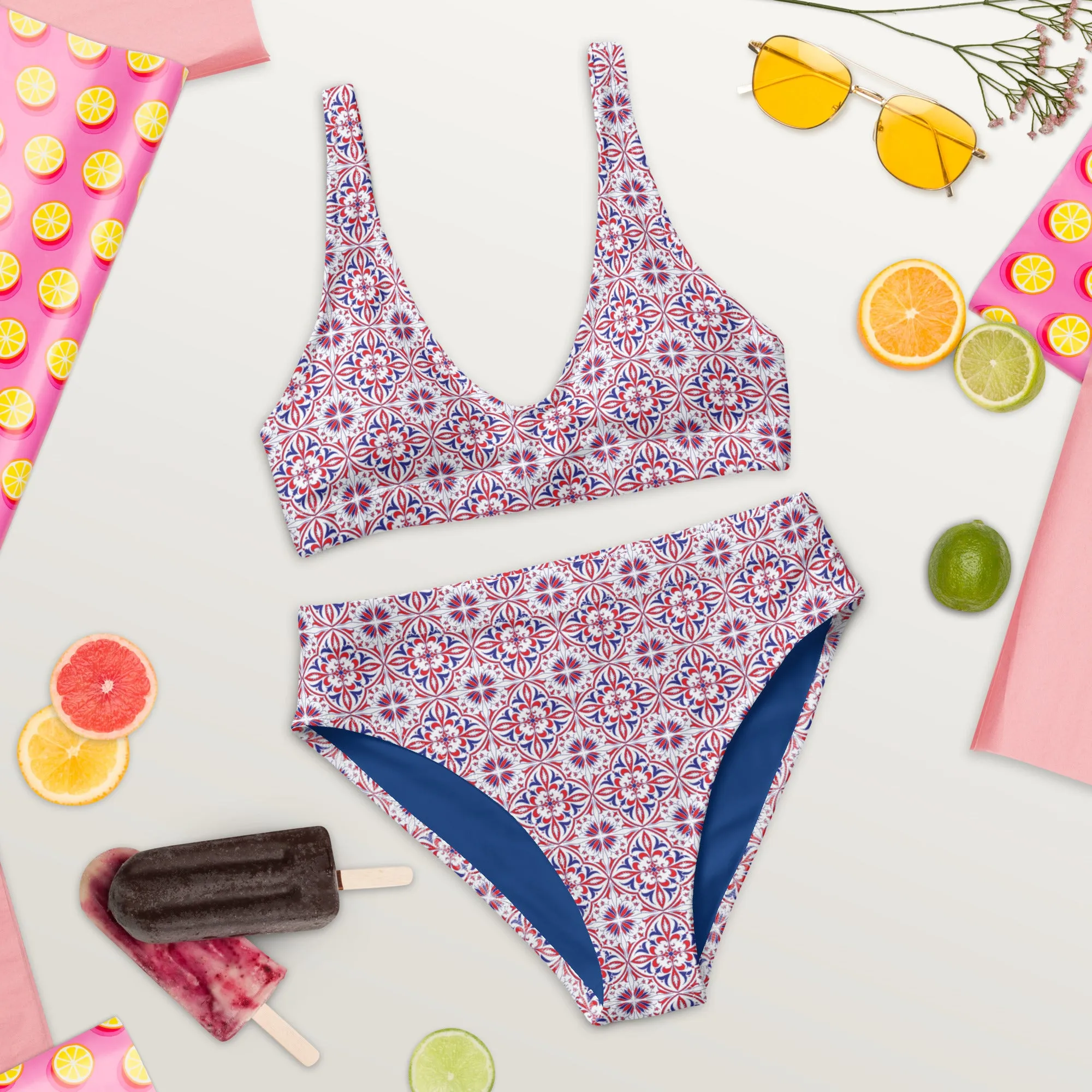 Red White & Blue Pattern Recycled high-waisted bikini