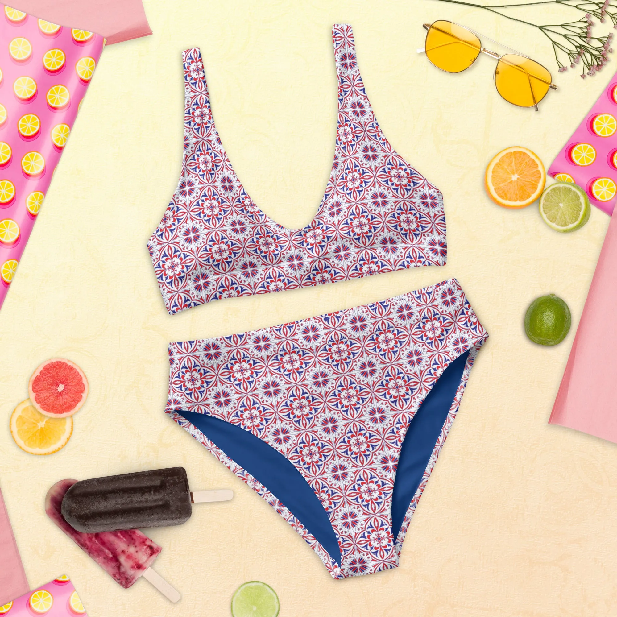 Red White & Blue Pattern Recycled high-waisted bikini