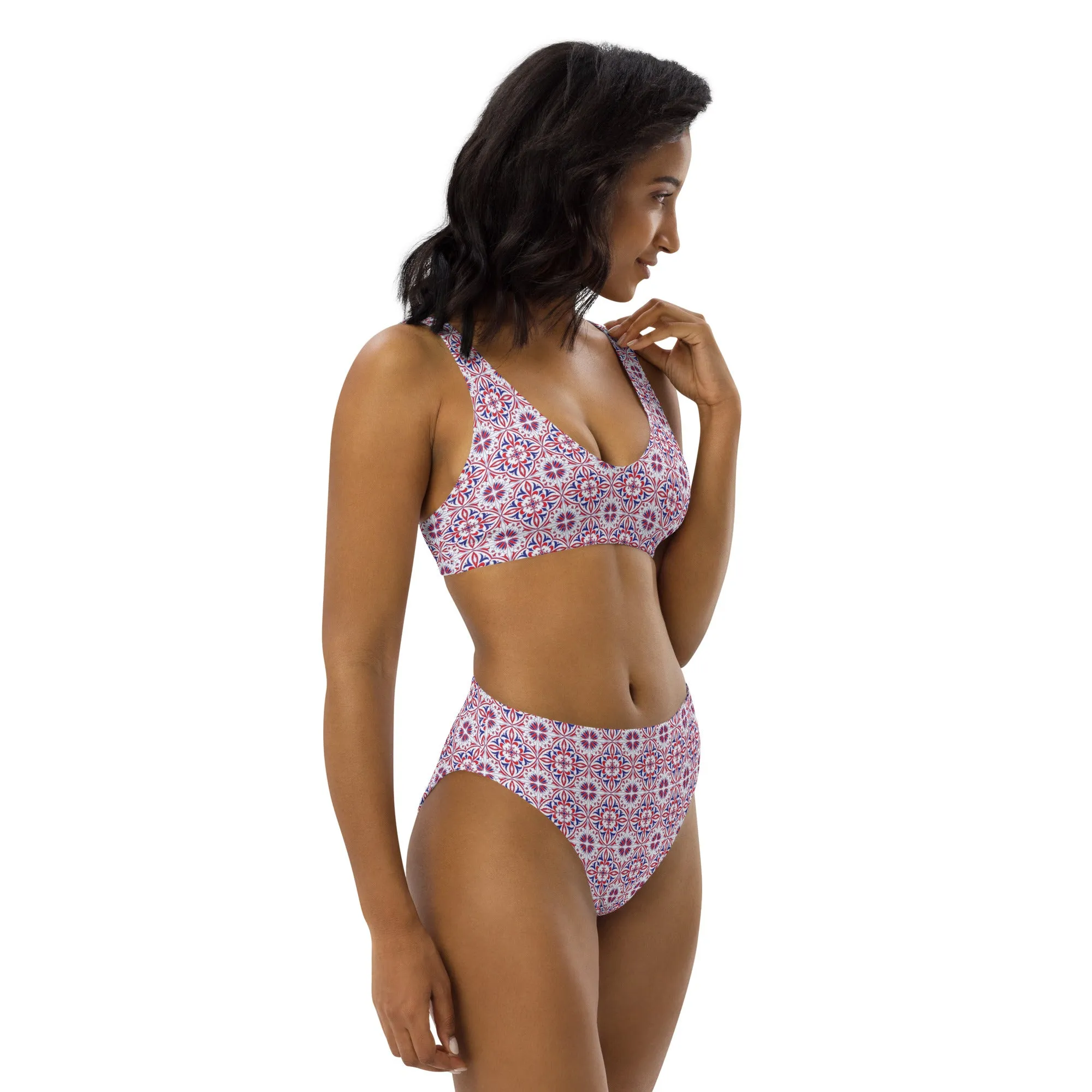 Red White & Blue Pattern Recycled high-waisted bikini