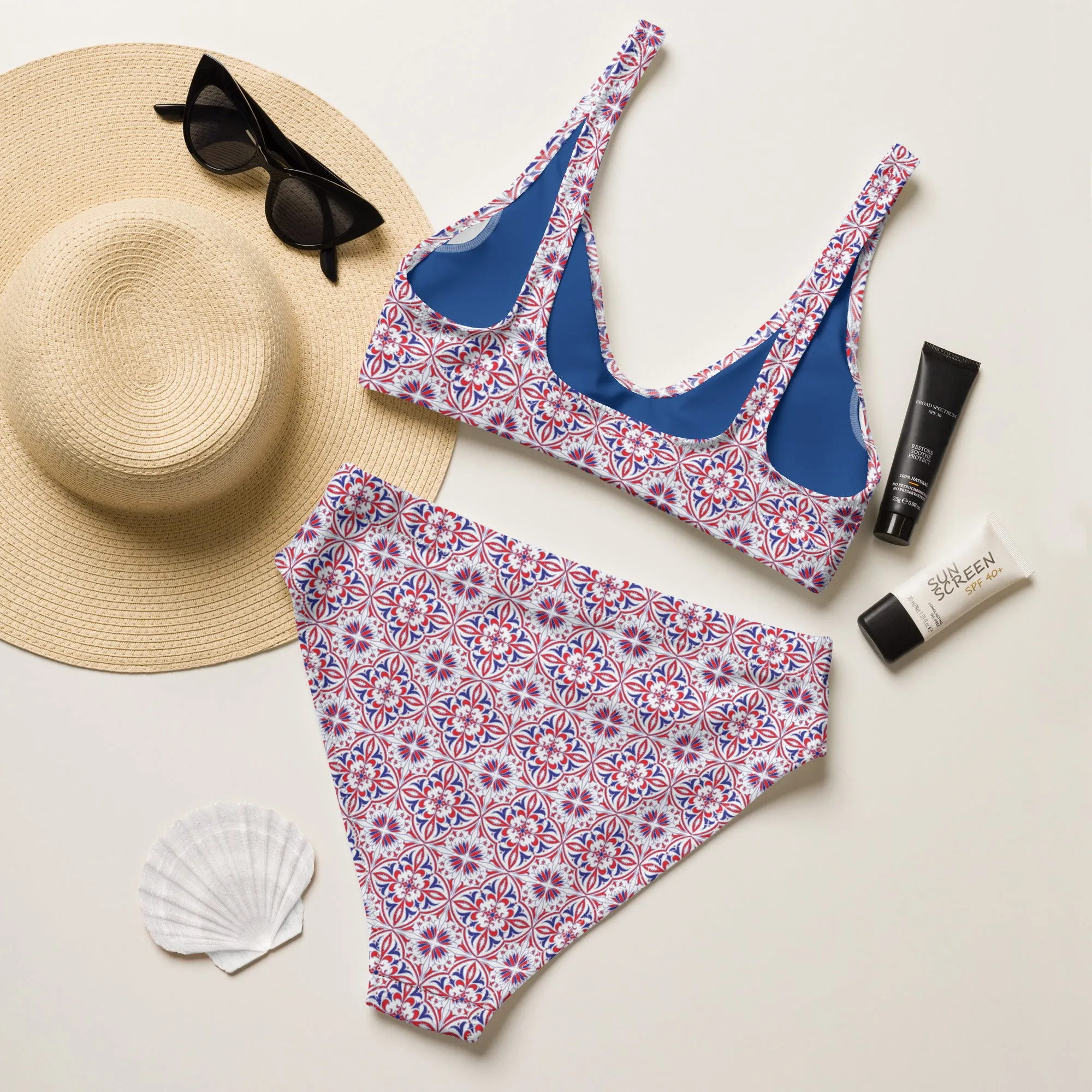 Red White & Blue Pattern Recycled high-waisted bikini