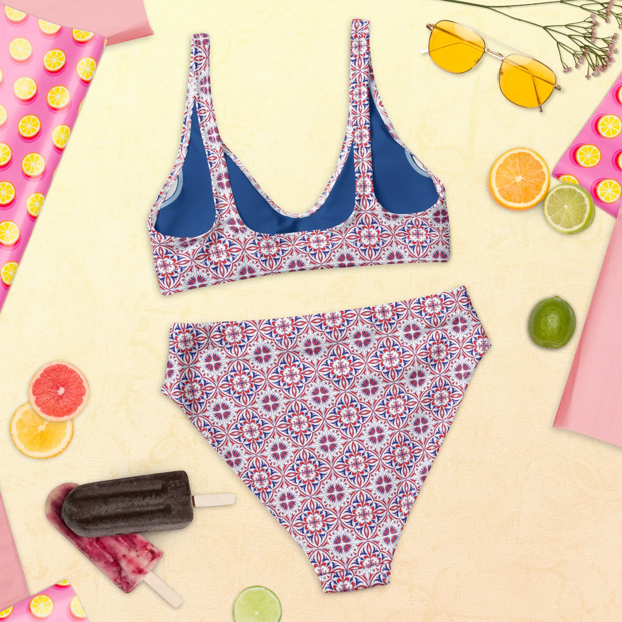 Red White & Blue Pattern Recycled high-waisted bikini