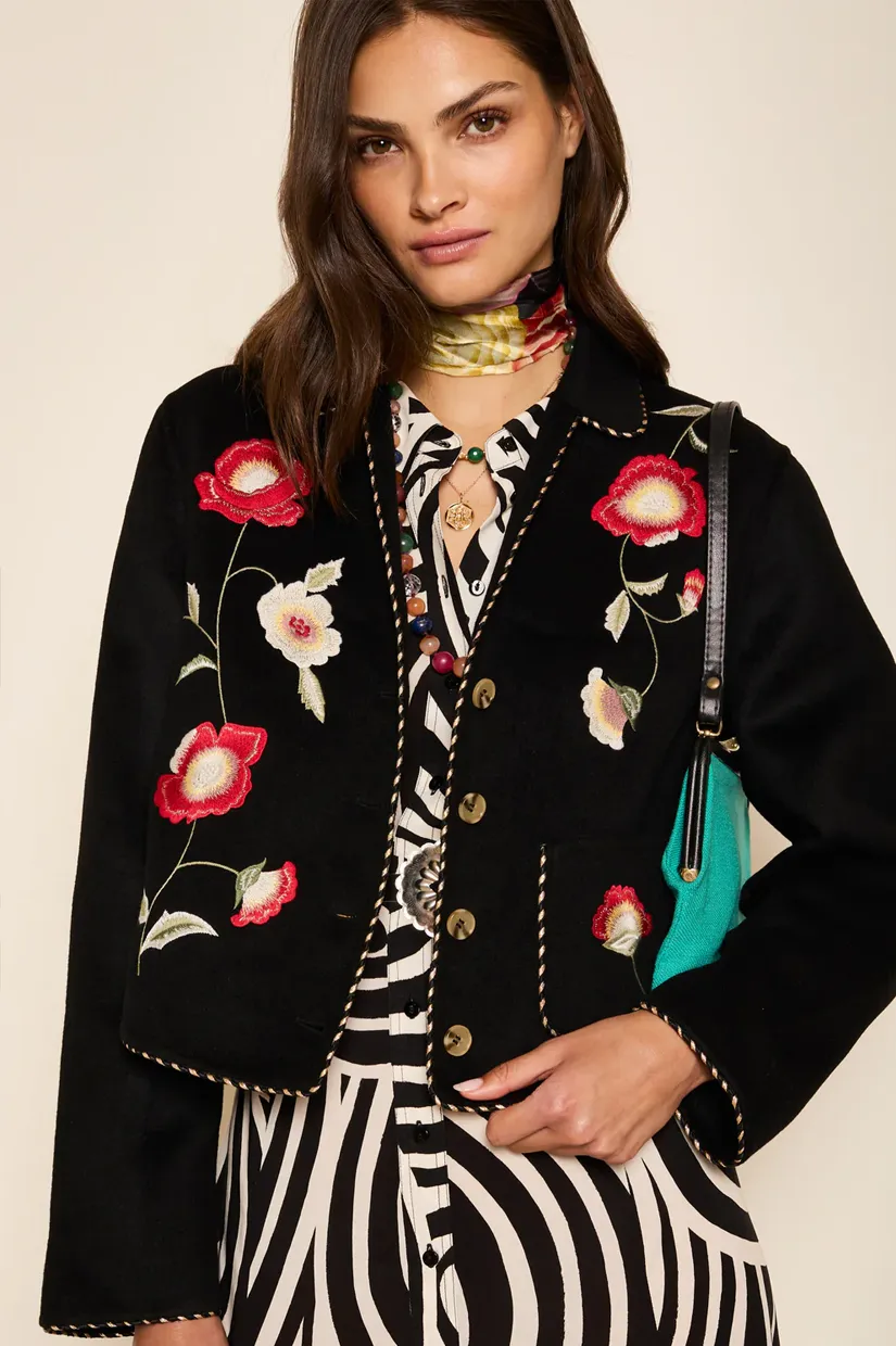 Rixo Sunday Jacket - Poppy Embroidery Black