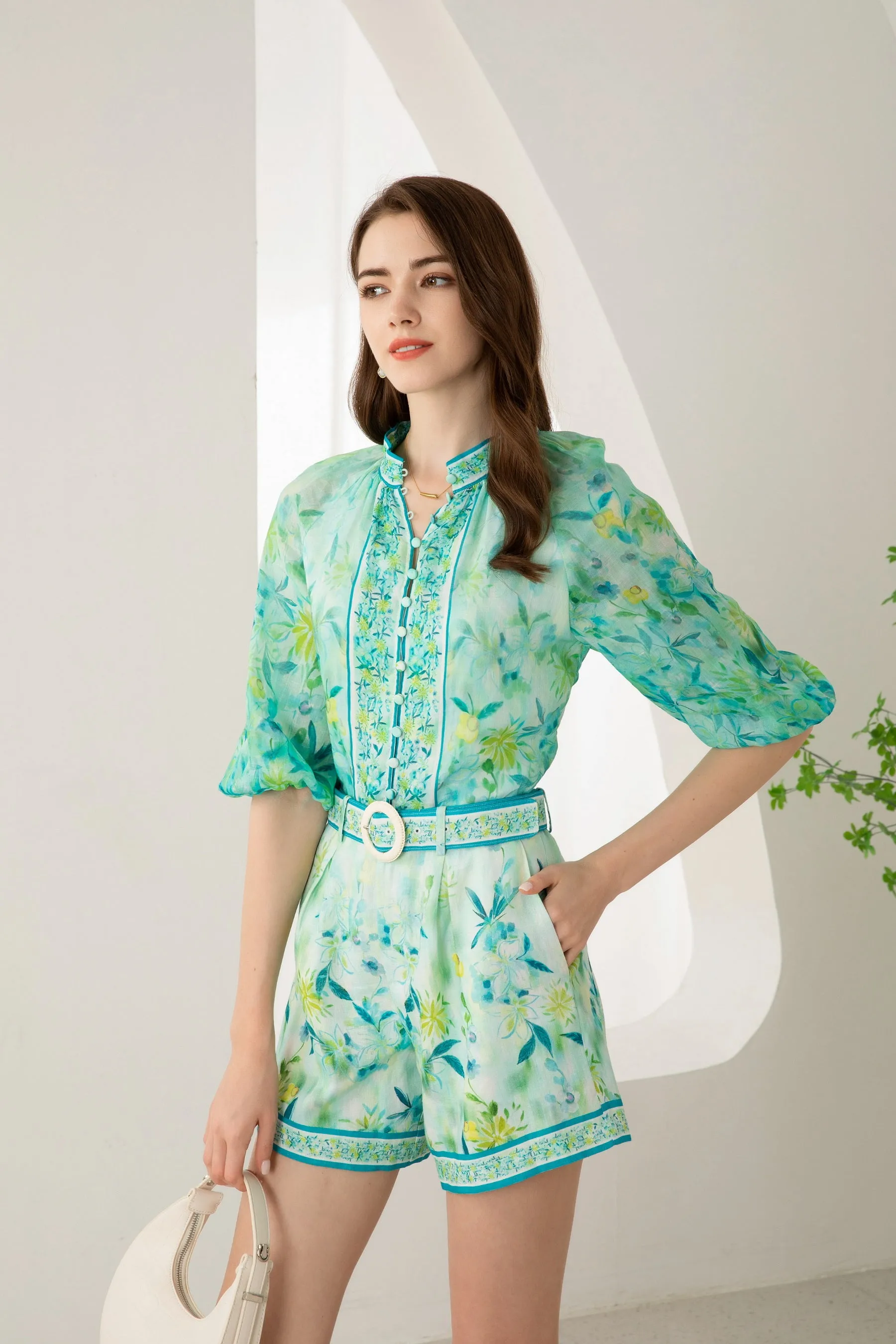 Rosabella Button Linen Blouse - Turquoise/Blue/Green - GDS