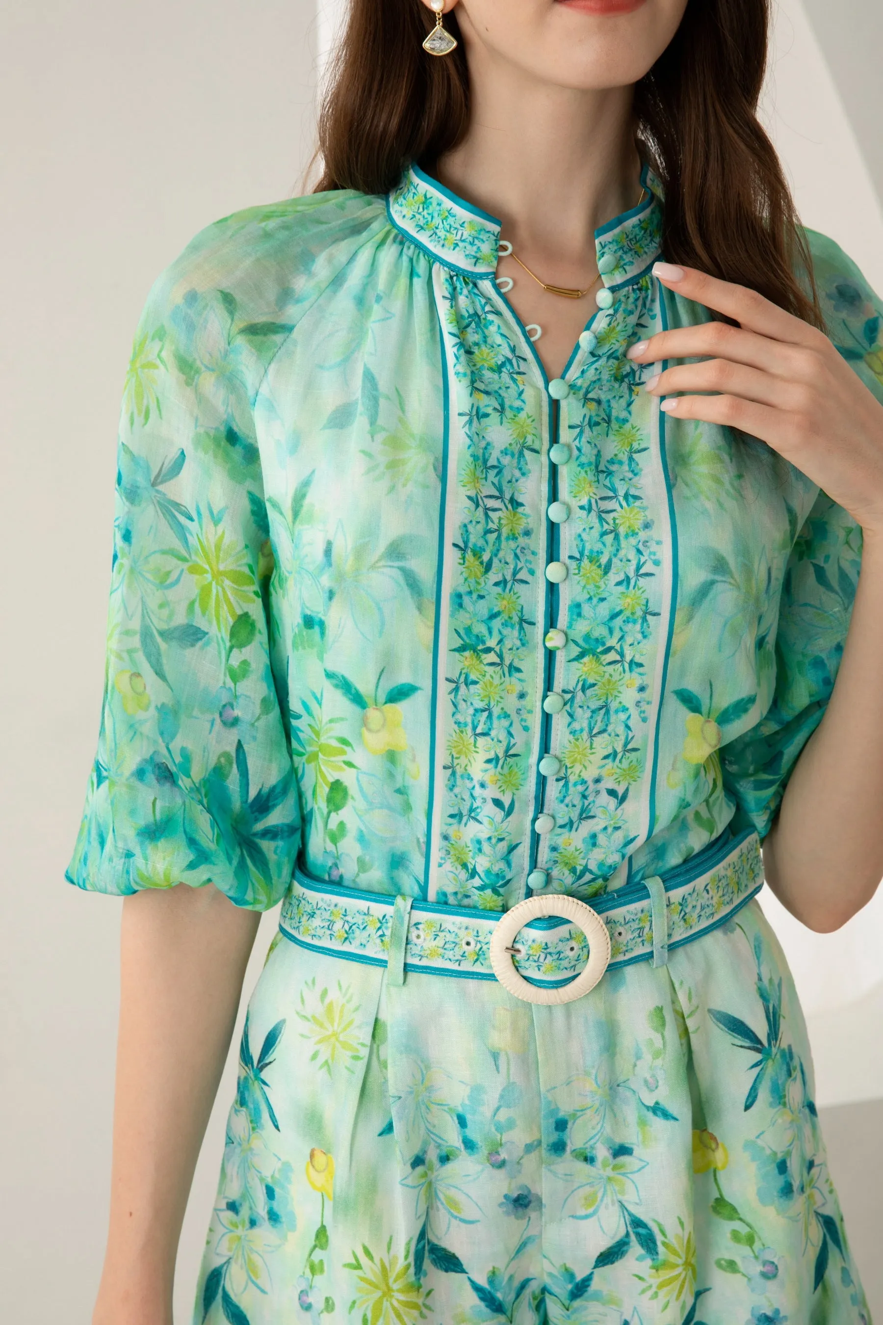 Rosabella Button Linen Blouse - Turquoise/Blue/Green - GDS