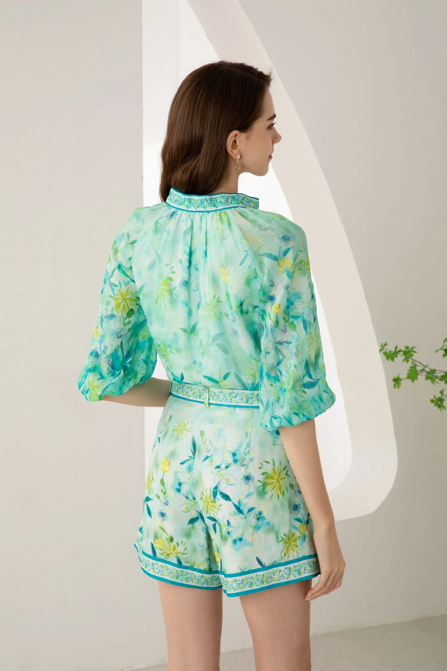 Rosabella Button Linen Blouse - Turquoise/Blue/Green - GDS