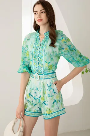 Rosabella Button Linen Blouse - Turquoise/Blue/Green - GDS