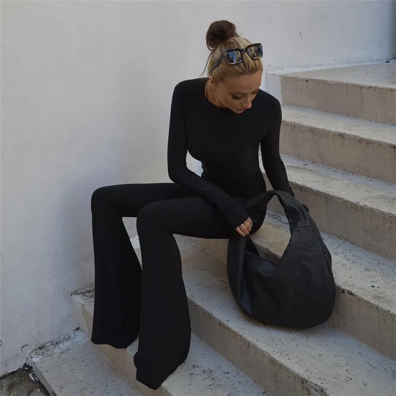 Round Neck Long Sleeve Backless Flared Jumpsuit