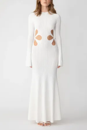 Round Neck Waist Flower Hollow Flared Long Sleeve Mid-length Knitted Dress