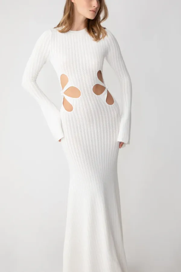 Round Neck Waist Flower Hollow Flared Long Sleeve Mid-length Knitted Dress