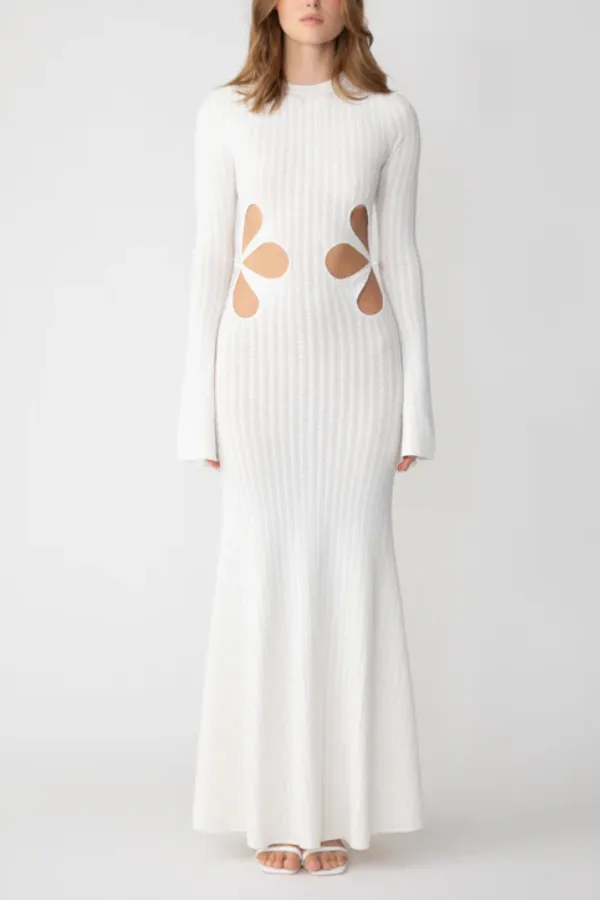 Round Neck Waist Flower Hollow Flared Long Sleeve Mid-length Knitted Dress