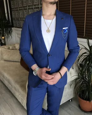 Royal Blue Slim Fit Fashion Peaked Lapel Prom Men Suit