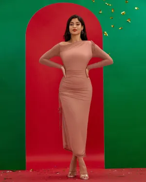 Ruched Mesh Long Sleeve Bodycon Dress
