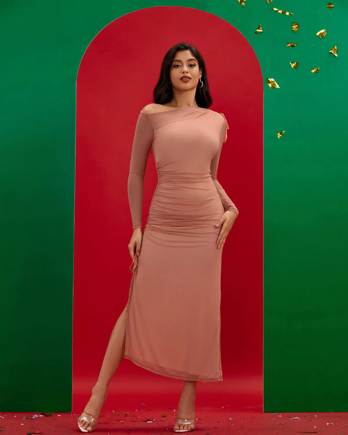 Ruched Mesh Long Sleeve Bodycon Dress