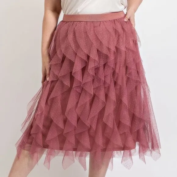 Ruffled Tulle Midi Skirt