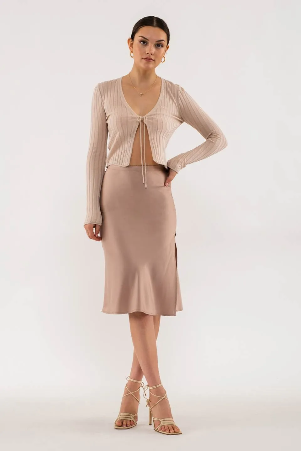 SATIN SIDE SLIT MIDI SKIRT