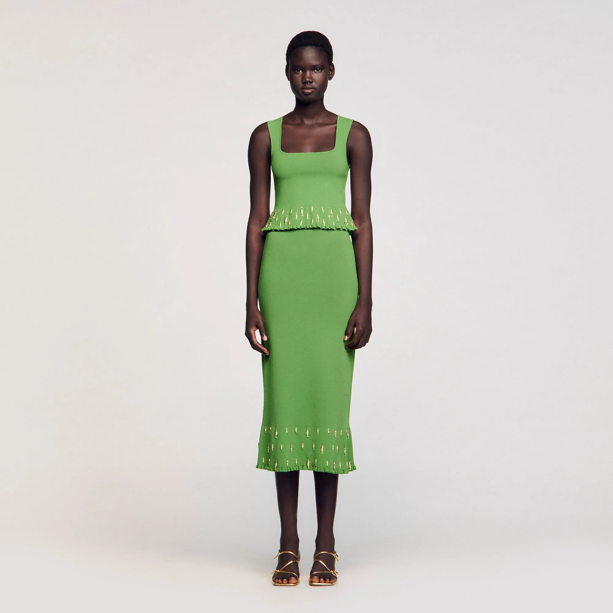 Sautille Long Knit Skirt With Charms Green