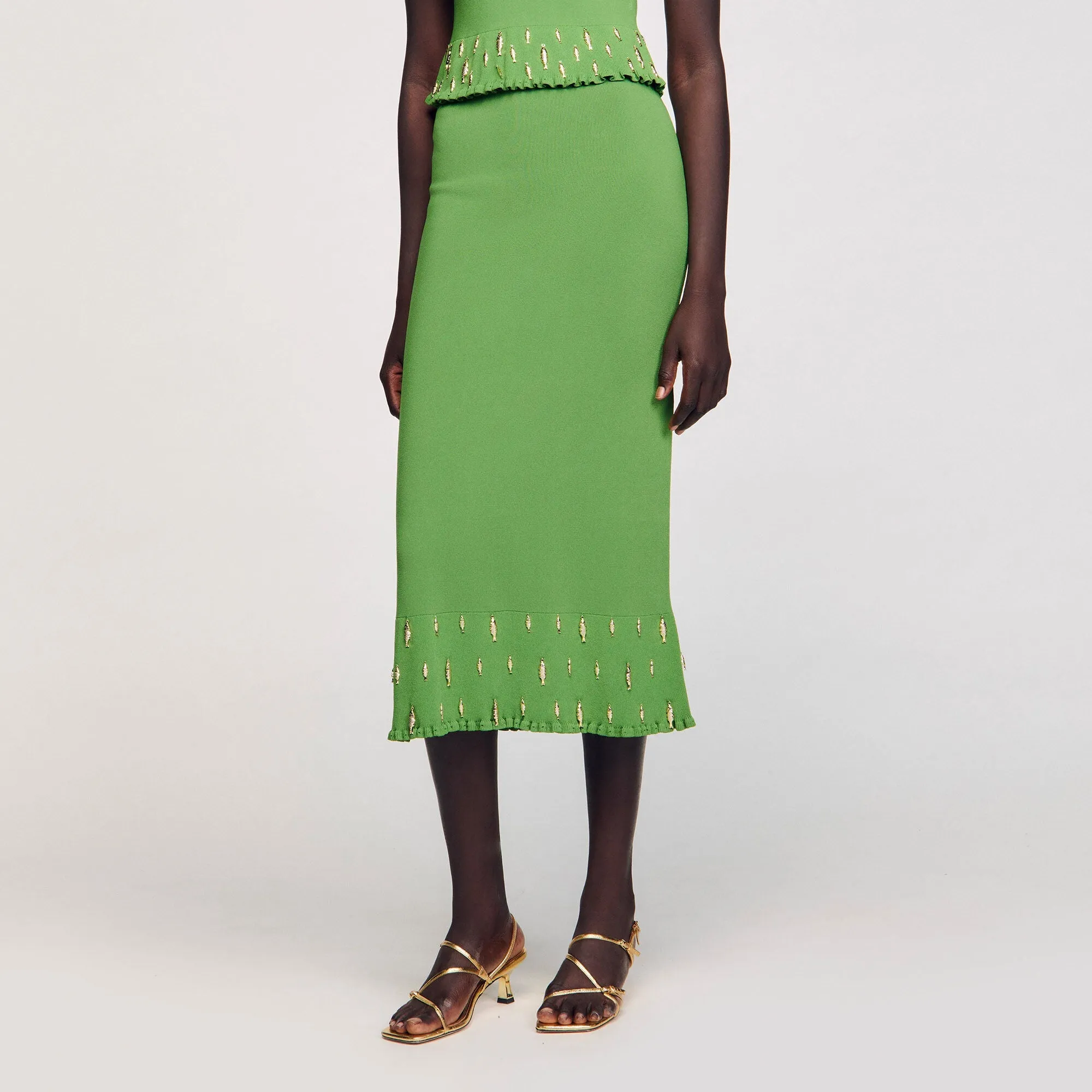 Sautille Long Knit Skirt With Charms Green