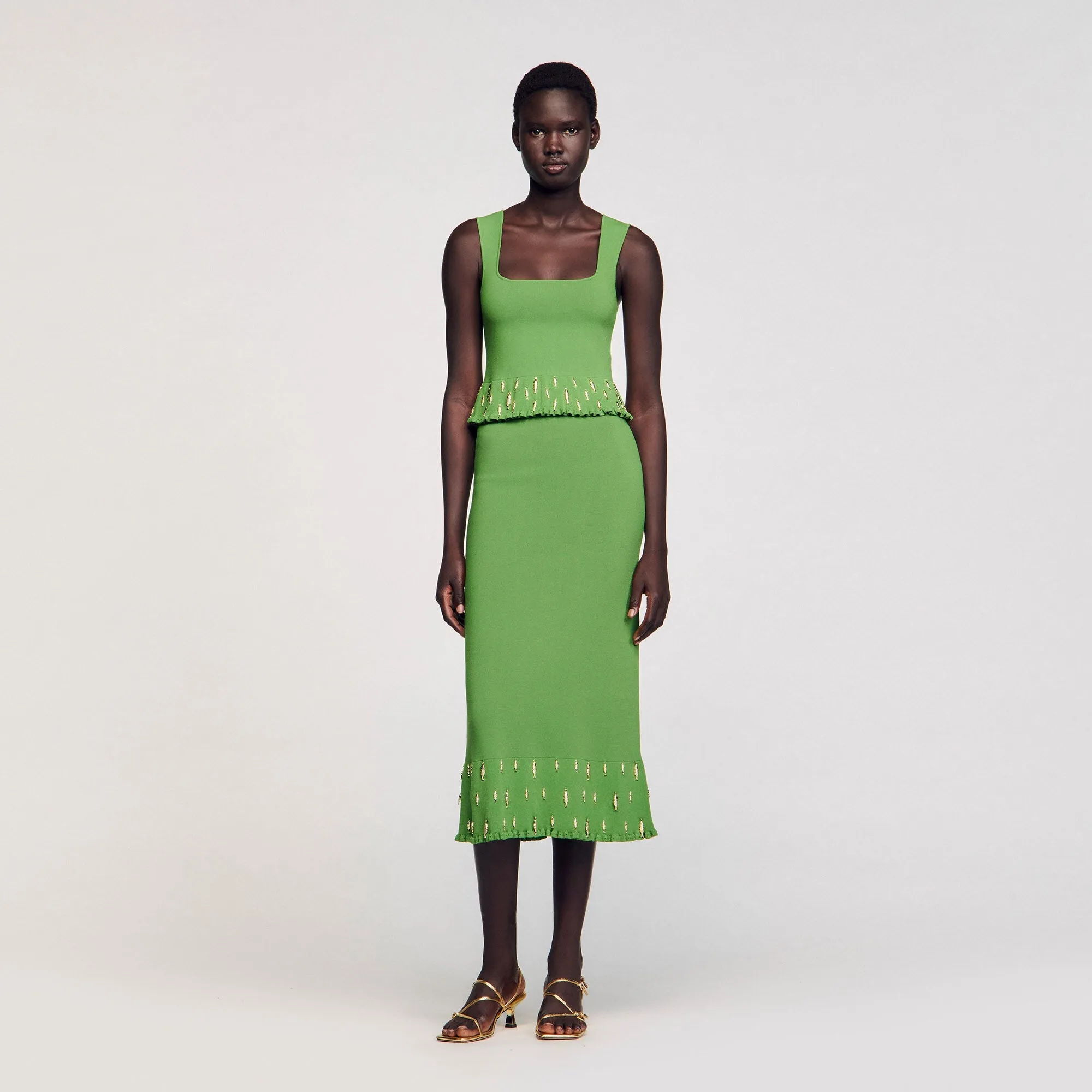 Sautille Long Knit Skirt With Charms Green