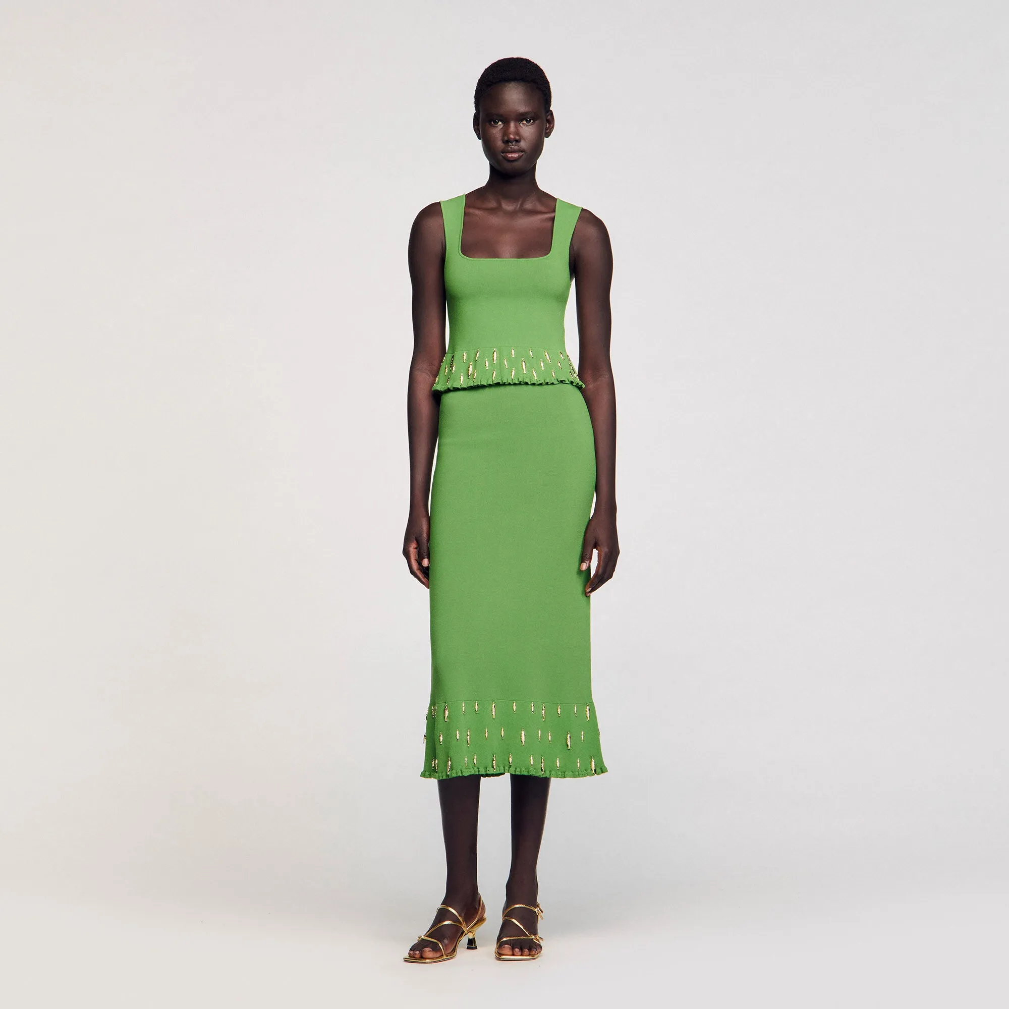 Sautille Long Knit Skirt With Charms Green