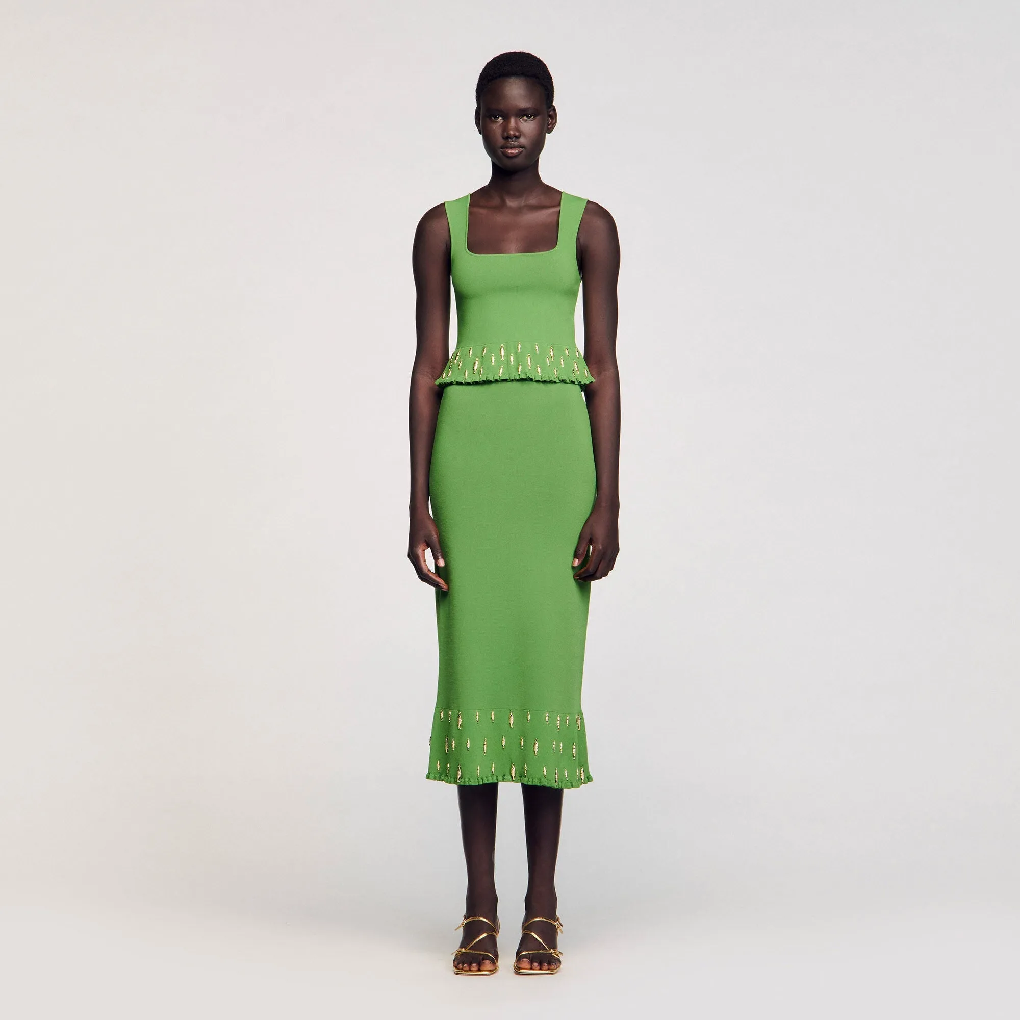 Sautille Long Knit Skirt With Charms Green