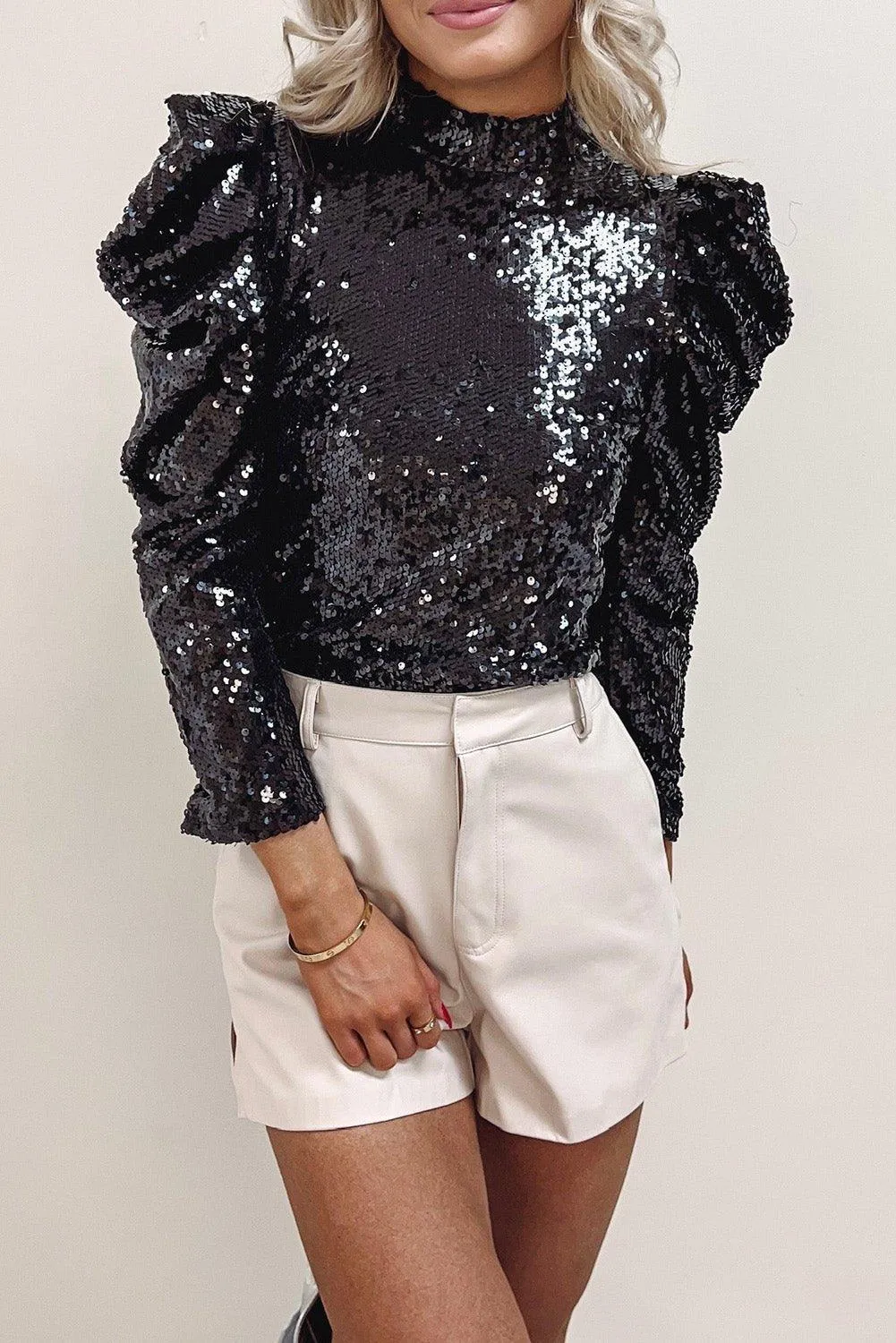 Sequin Bubble Sleeve Blouse