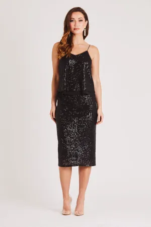 Sequin Midi Skirt in Black