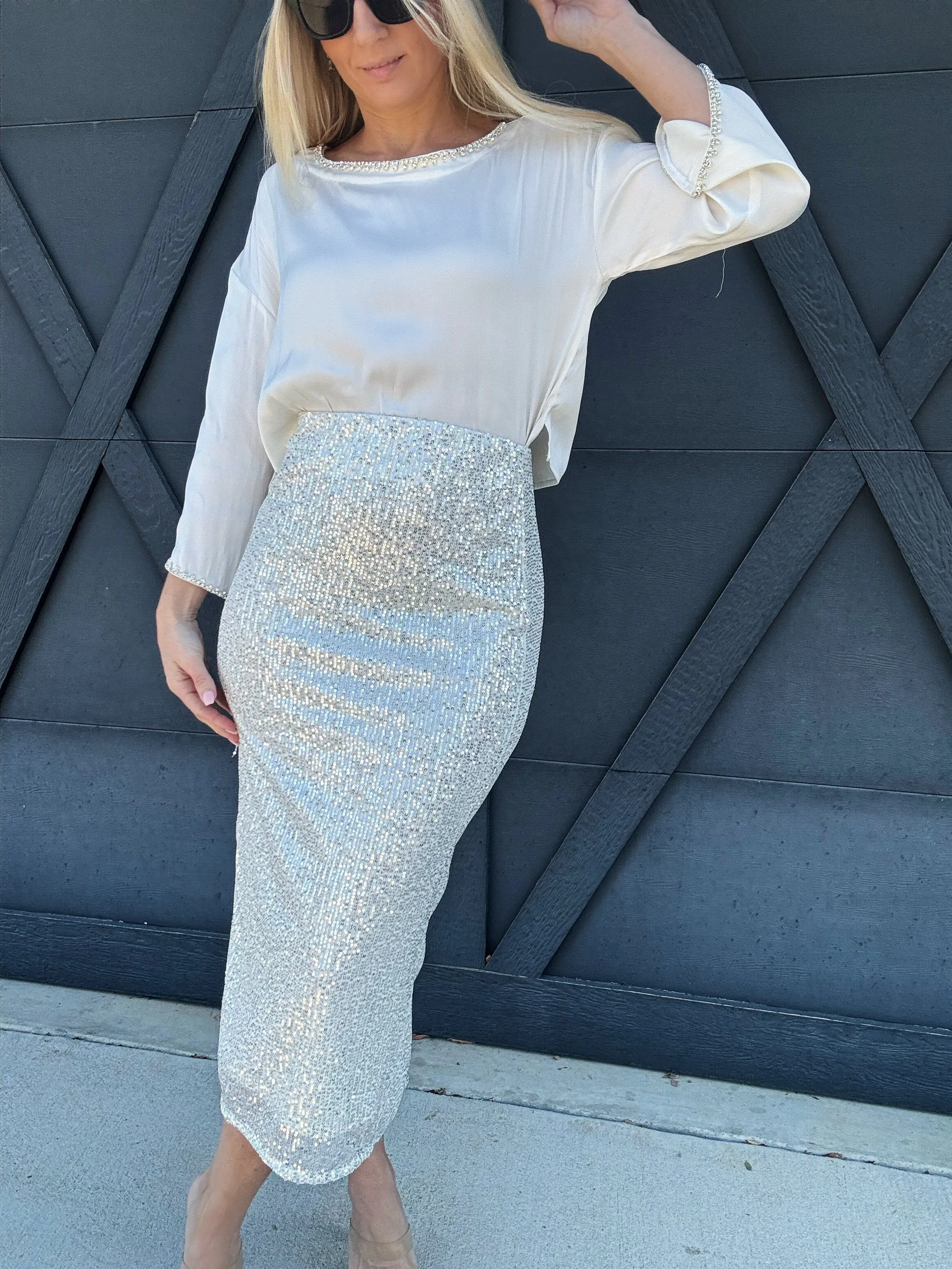 Sequin Midi Skirt In Silver