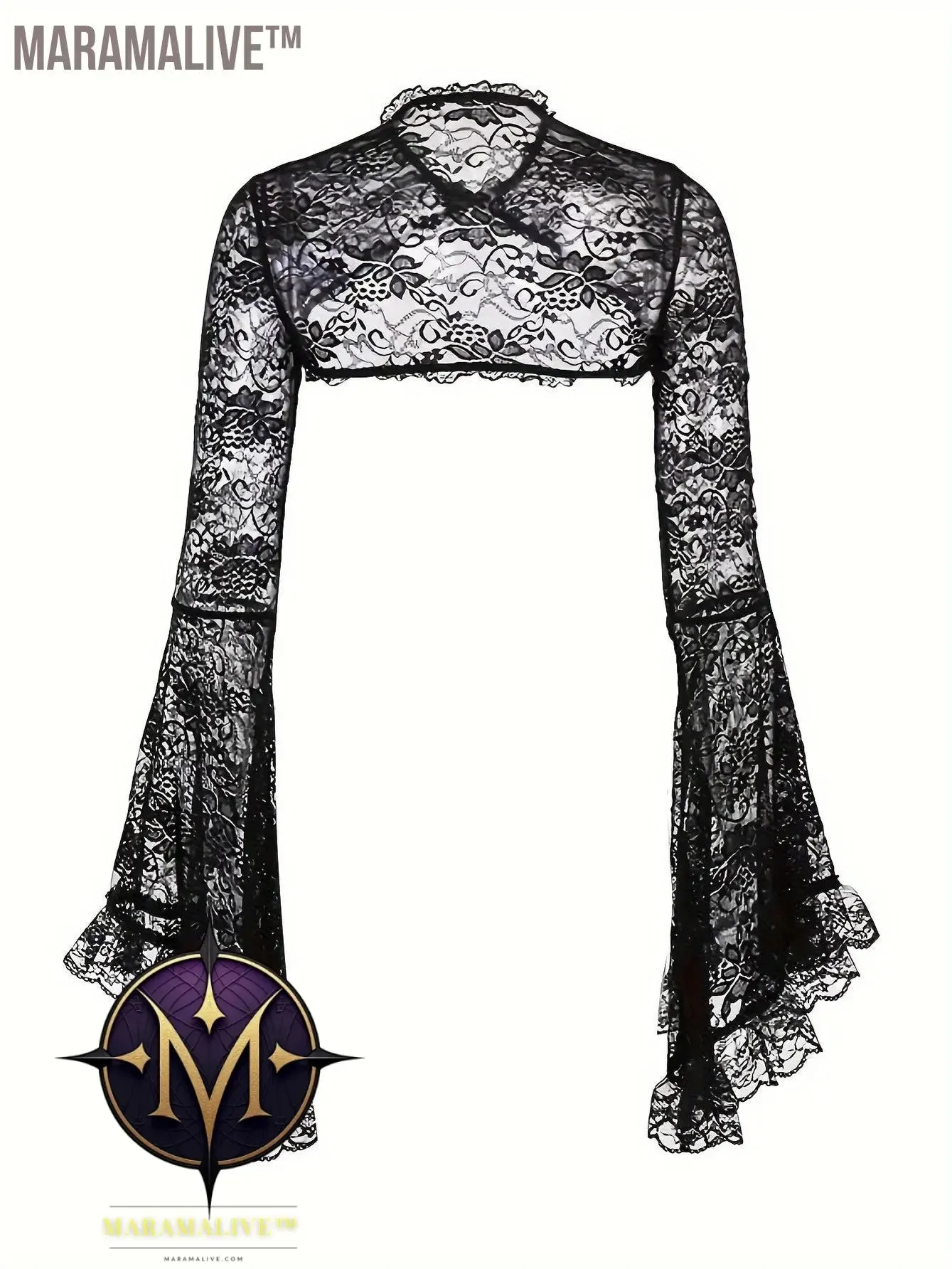 Sheer Lace Shrug Top, Flare Long Sleeve Crop Top, Women's Clothing