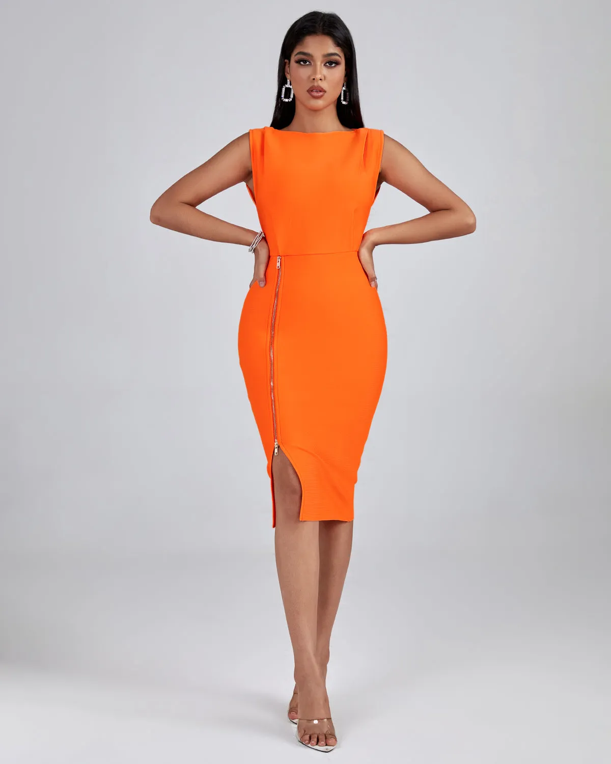 Side Metal Zipper Midi Bandage Dress