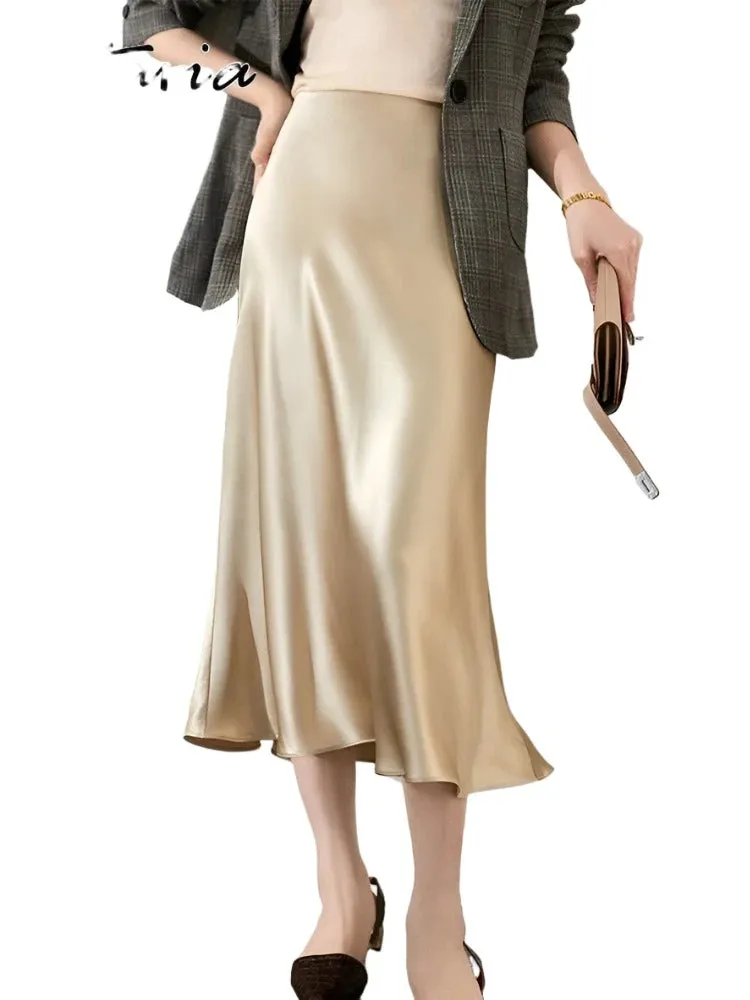 Silk Satin Skirts for Women High Waisted Skirt Women A-Line Elegant Skirts Summer Pink Midi Skirt