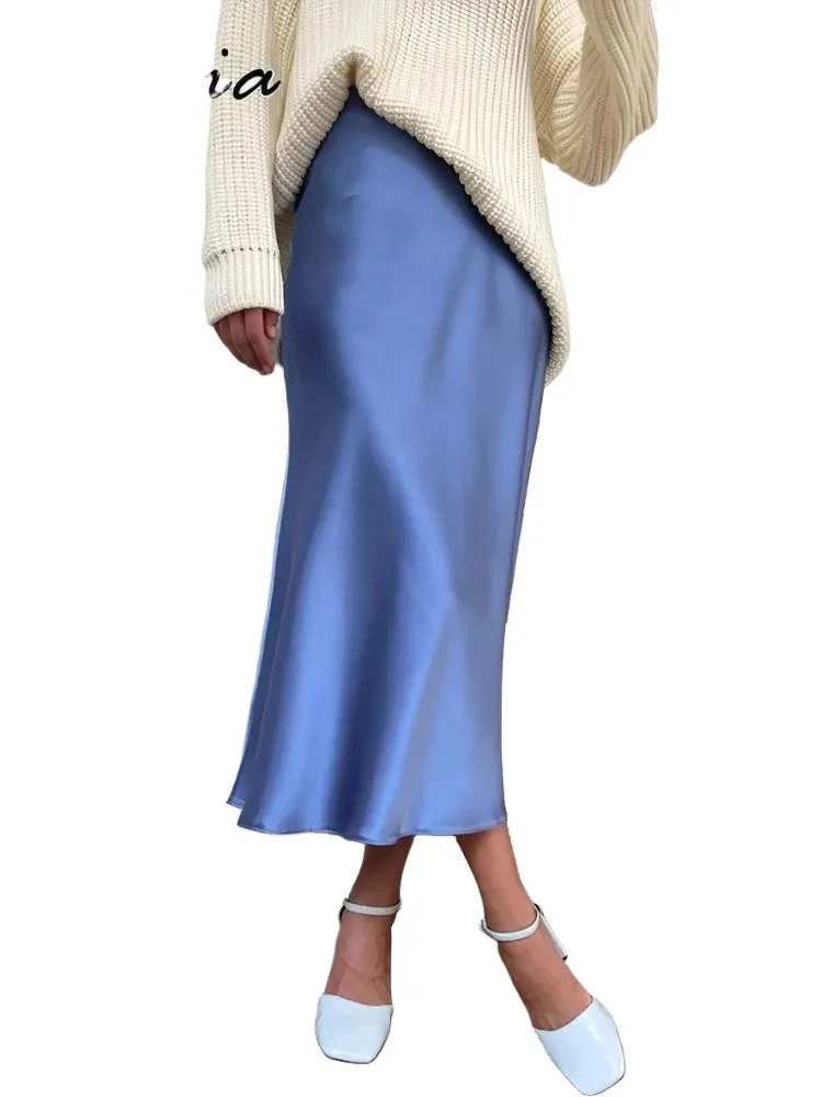 Silk Satin Skirts for Women High Waisted Skirt Women A-Line Elegant Skirts Summer Pink Midi Skirt
