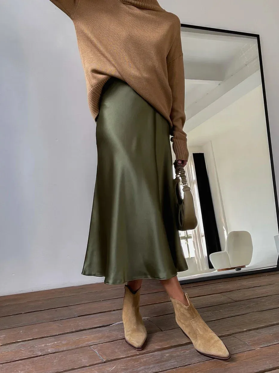 Silk Satin Skirts for Women High Waisted Skirt Women A-Line Elegant Skirts Summer Pink Midi Skirt