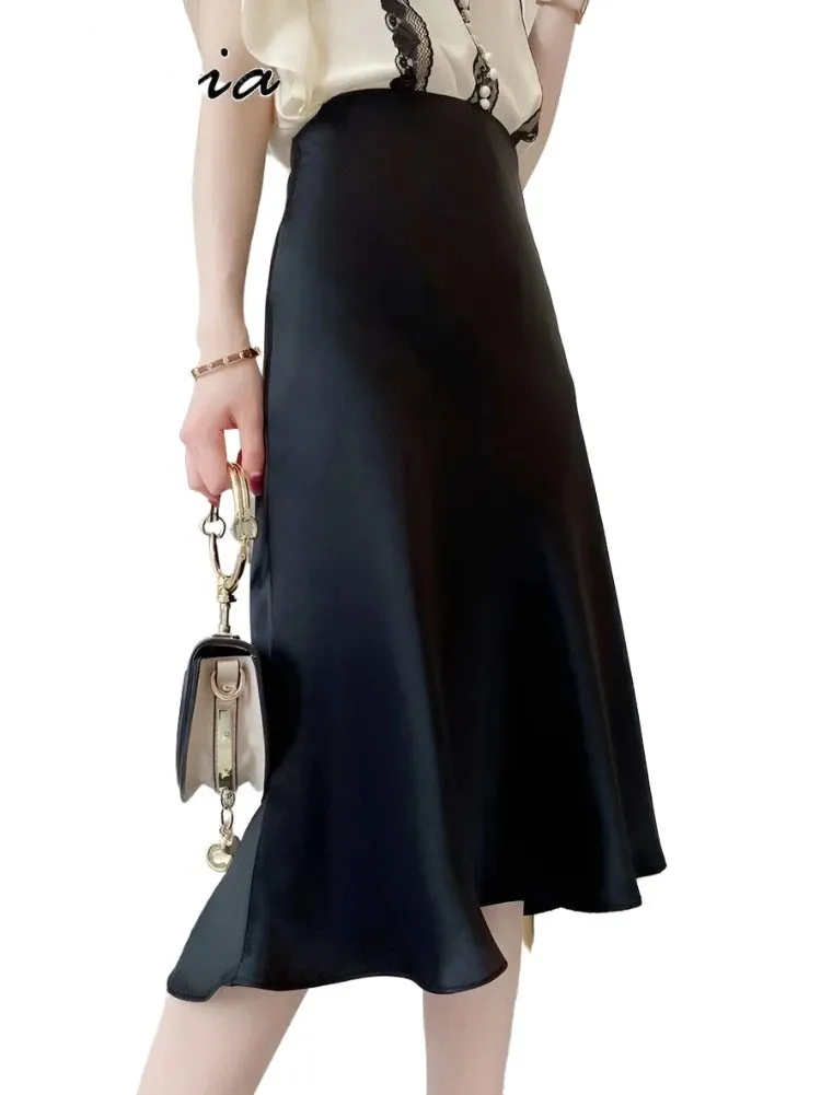 Silk Satin Skirts for Women High Waisted Skirt Women A-Line Elegant Skirts Summer Pink Midi Skirt