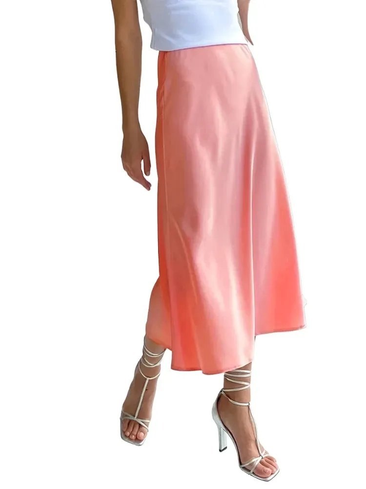 Silk Satin Skirts for Women High Waisted Skirt Women A-Line Elegant Skirts Summer Pink Midi Skirt