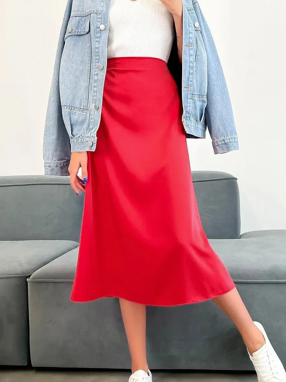 Silk Satin Skirts for Women High Waisted Skirt Women A-Line Elegant Skirts Summer Pink Midi Skirt