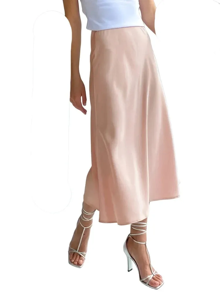 Silk Satin Skirts for Women High Waisted Skirt Women A-Line Elegant Skirts Summer Pink Midi Skirt