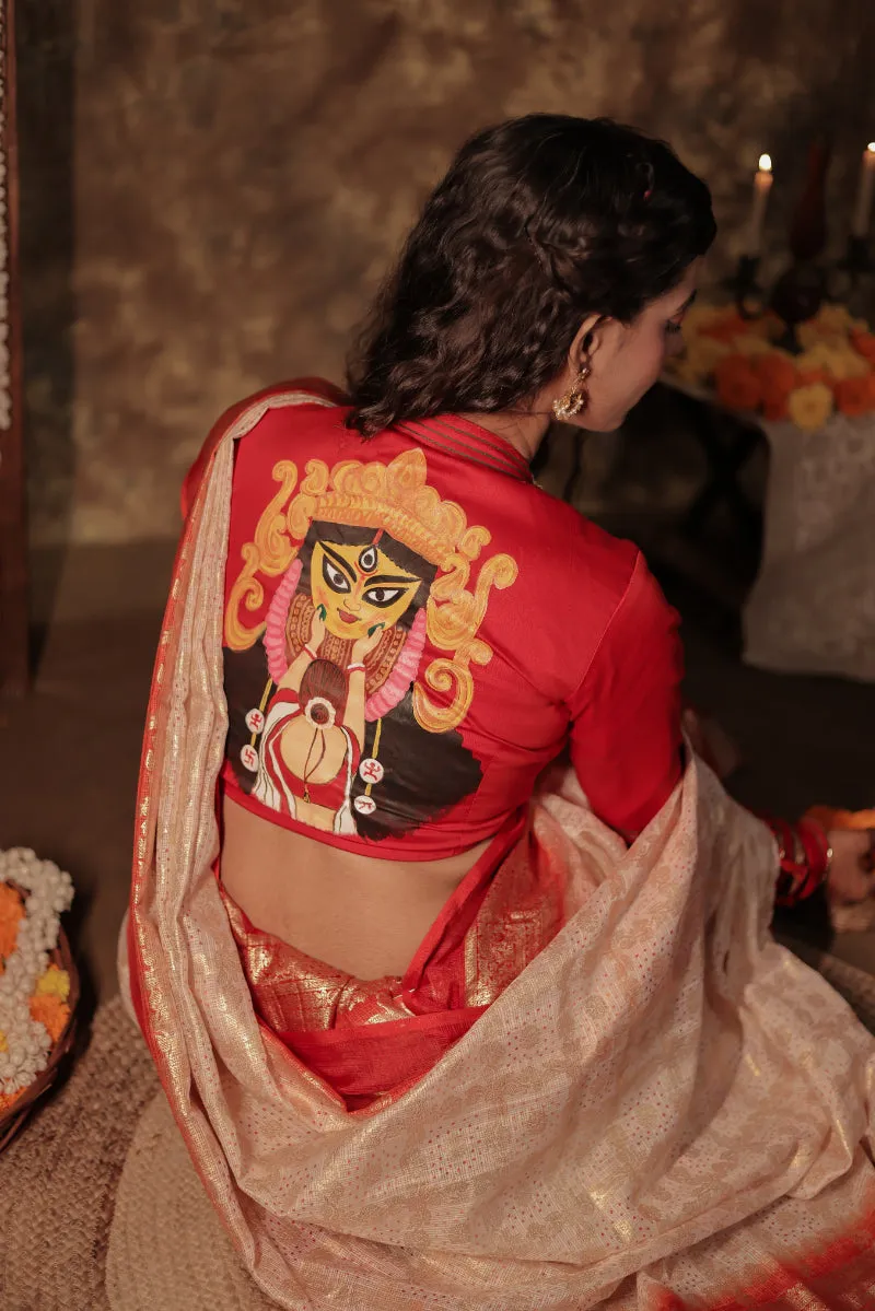 Sindoor Khela - Red Durga Handpainted Blouse