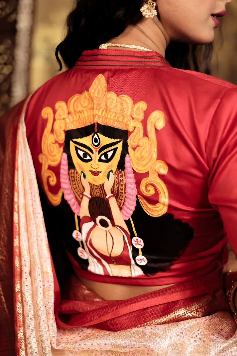 Sindoor Khela - Red Durga Handpainted Blouse