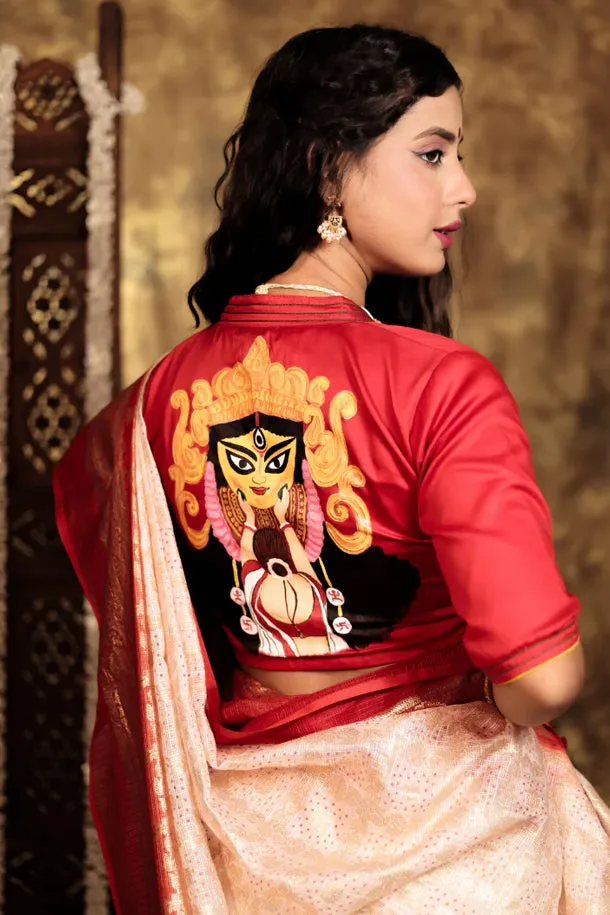 Sindoor Khela - Red Durga Handpainted Blouse