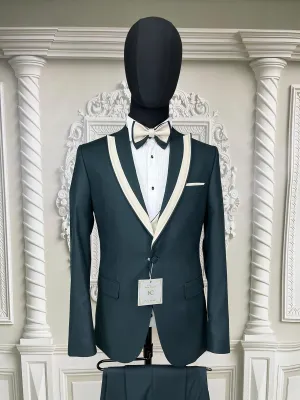 Single Button Three Piece Tuxedo Suit with contrasting black satin lapel, matching bow tie and Black Pants.