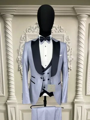 Single Button Three Pieces Tuxedo Suit with contrasting green velvet Lapel, matching bow tie and Black Pants.