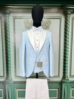 Single Button Three Pieces Tuxedo Suit with contrasting green velvet Lapel, matching bow tie and Black Pants.