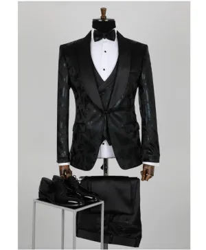 Single Button Three Pieces Tuxedo Suit with contrasting Lapel, matching bow tie and Black Pants.