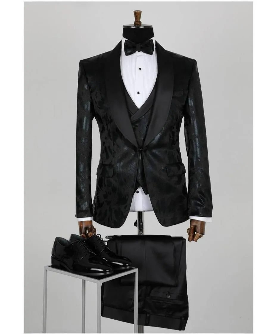 Single Button Three Pieces Tuxedo Suit with contrasting Lapel, matching bow tie and Black Pants.