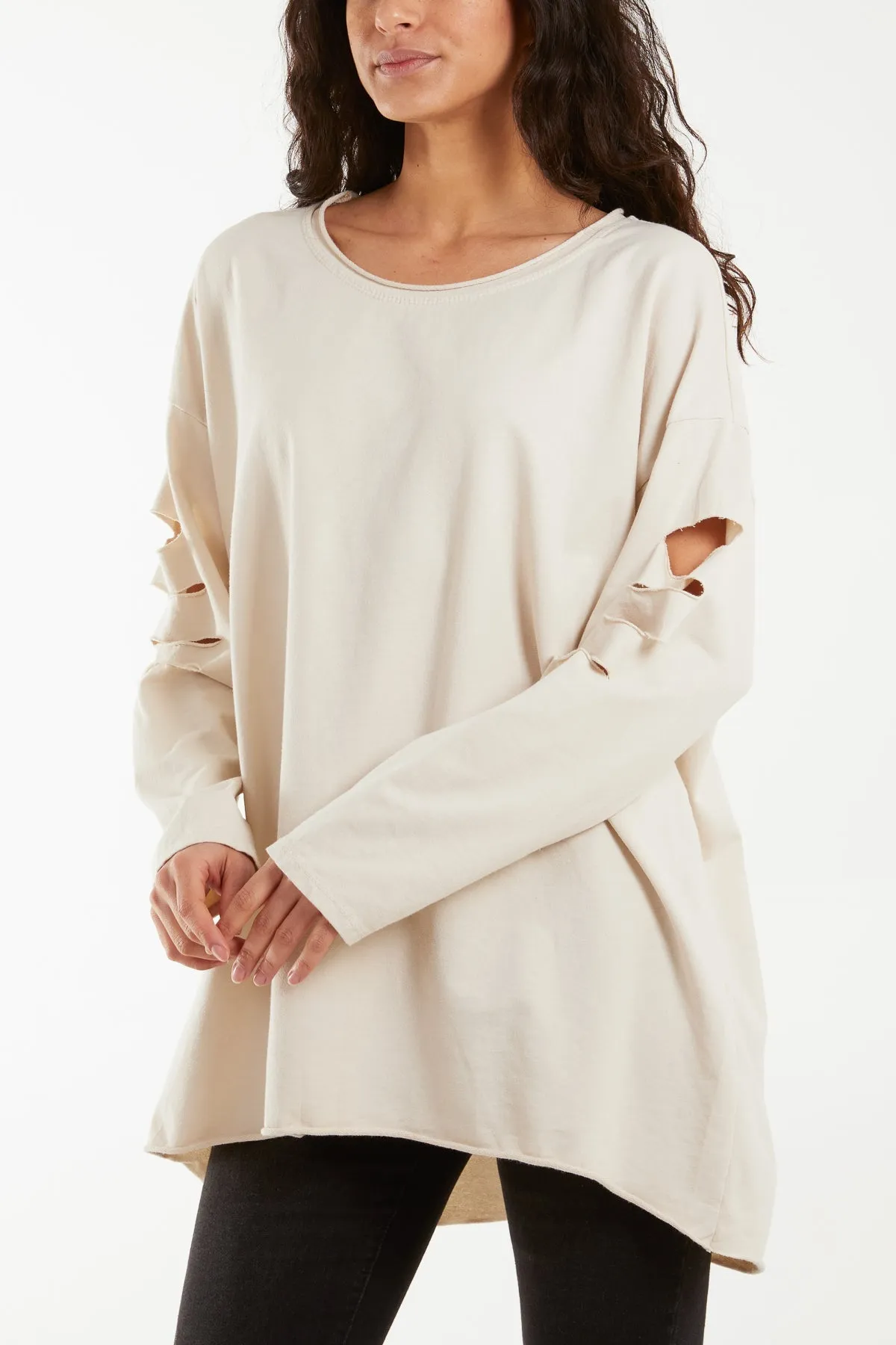 Sleeve & Back Distressed Cut Out long Top