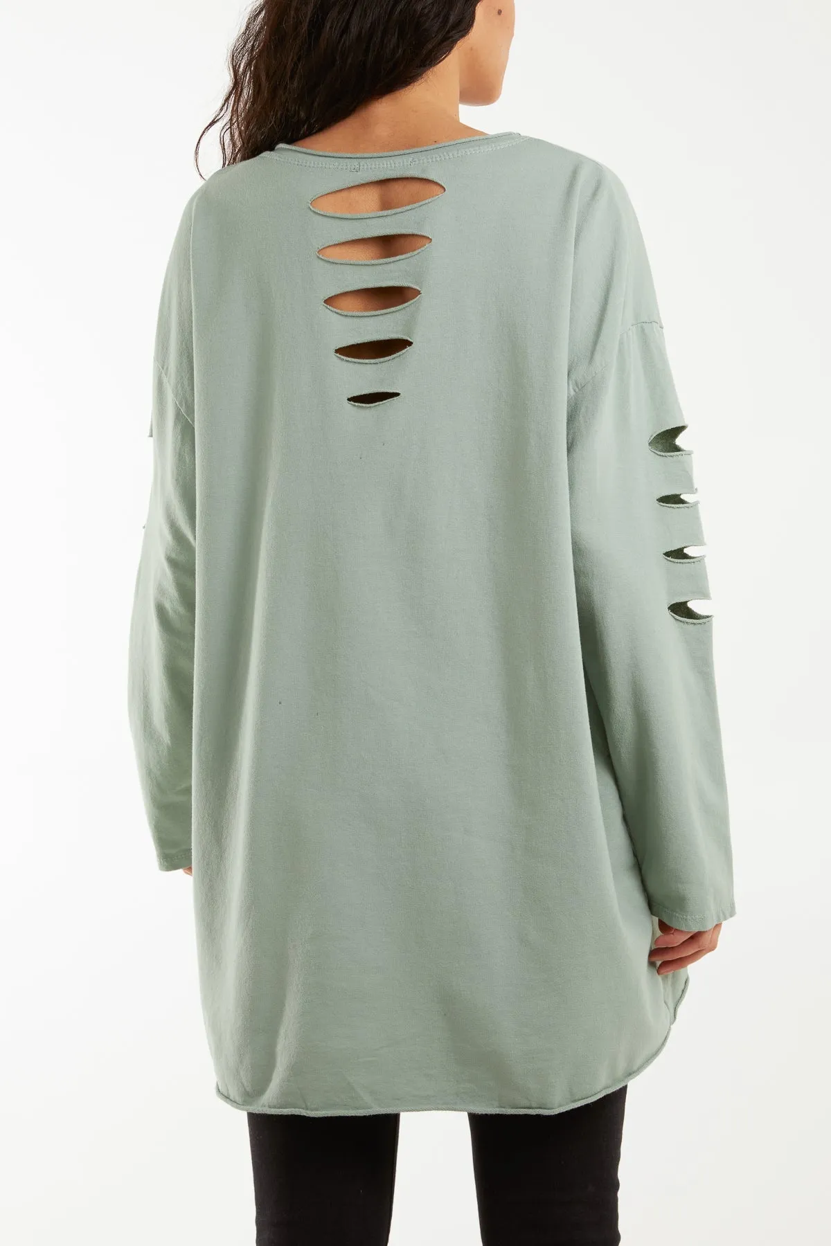 Sleeve & Back Distressed Cut Out long Top